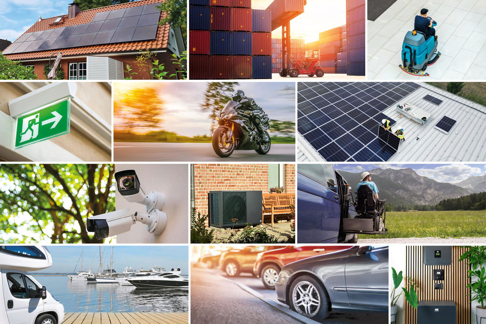 Collage mit verschiedenen Branchenanwendungen für Energie- und Speicherlösungen. Gezeigt werden u. a. Solaranlagen auf Häusern und Dächern, eine Wärmepumpe, ein Motorrad, ein Bootshafen, Überwachungskameras, ein Elektrofahrzeug, eine barrierefreie Fahrzeugrampe und ein Energiespeichersystem.