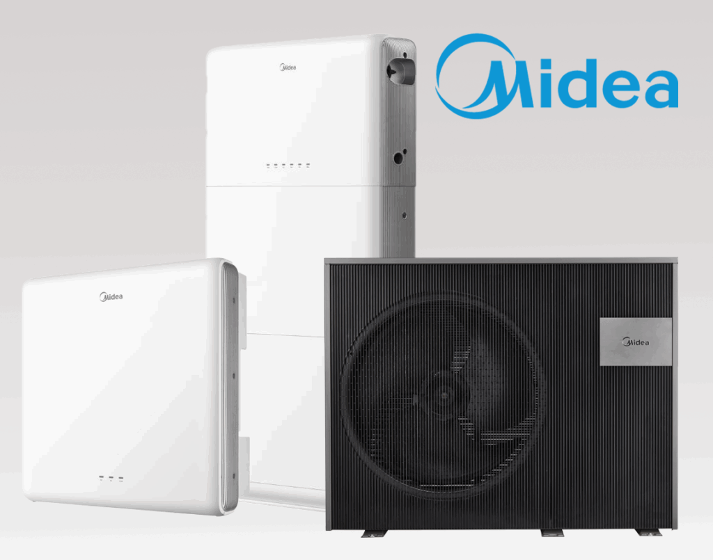 Midea Wärmepumpe, Wechselrichter und Speicher auf grauem Grund. Hellblaues Midea Logo.