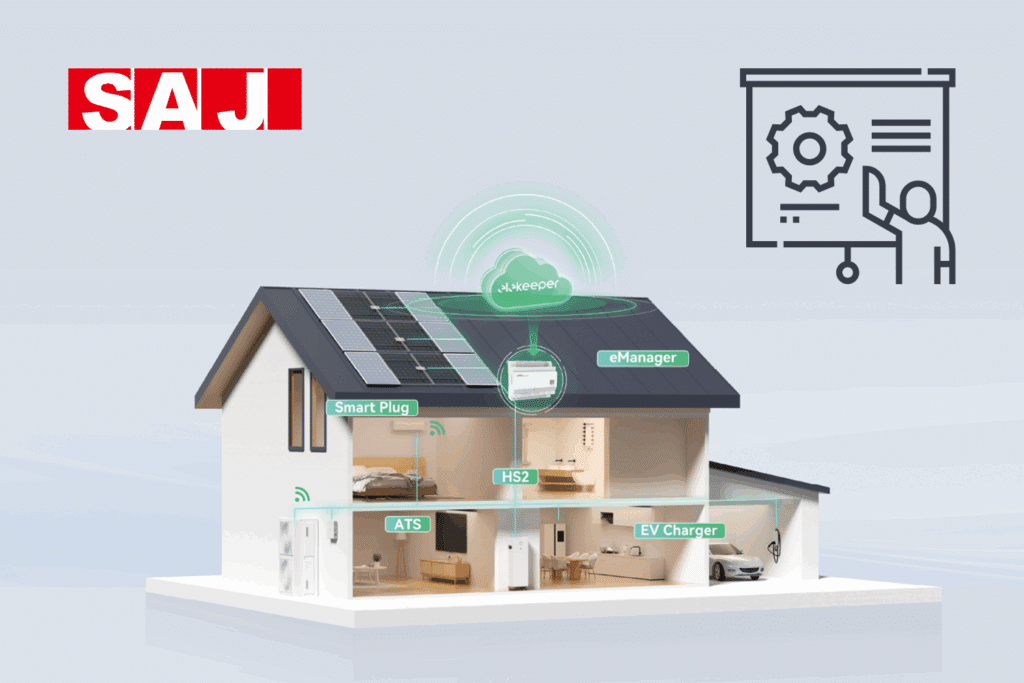 Grafik eines Hauses mit vernetzten PV und SAJ-Komponenten. Oben das SAJ-Logo und ein Präsentations-Icon.