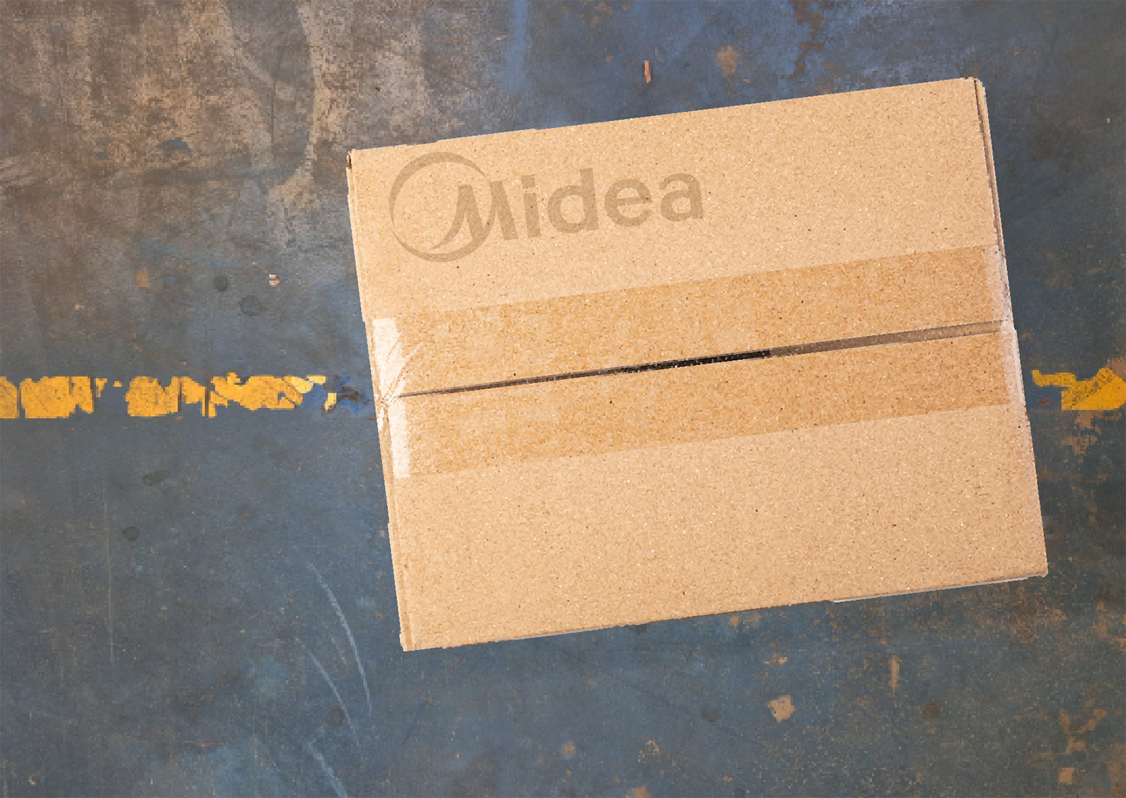 Brown package with Midea logo on grey warehouse floor with yellow markings.